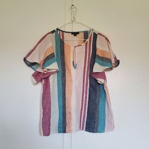 J. Crew multicolor colorful striped keyhole round neck ruffle sleeve blouse